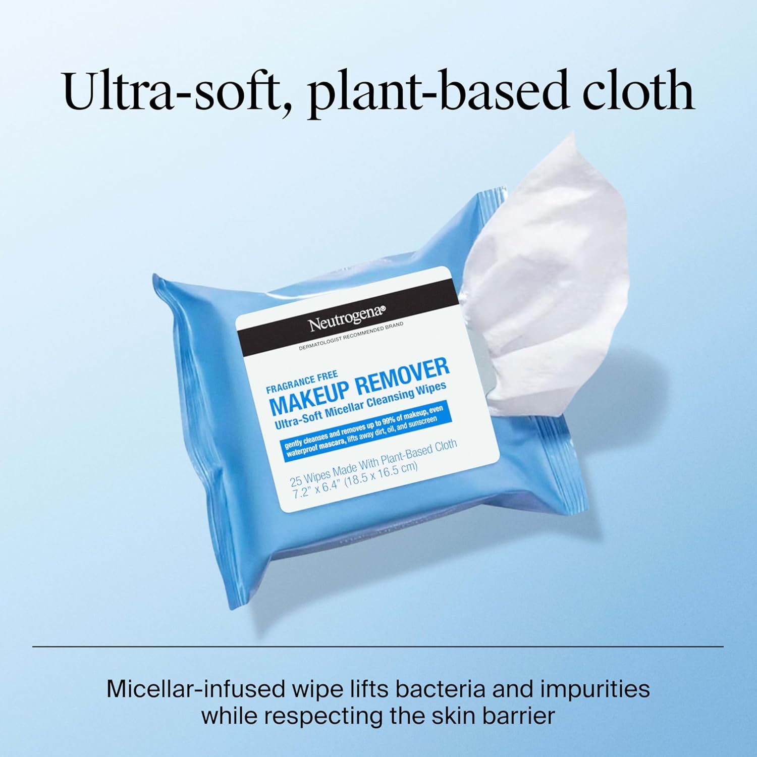 Communicates multiple product benefits including the soft plant-based material, micellar cleansing technology, and gentle skin-respecting formula to reassure…