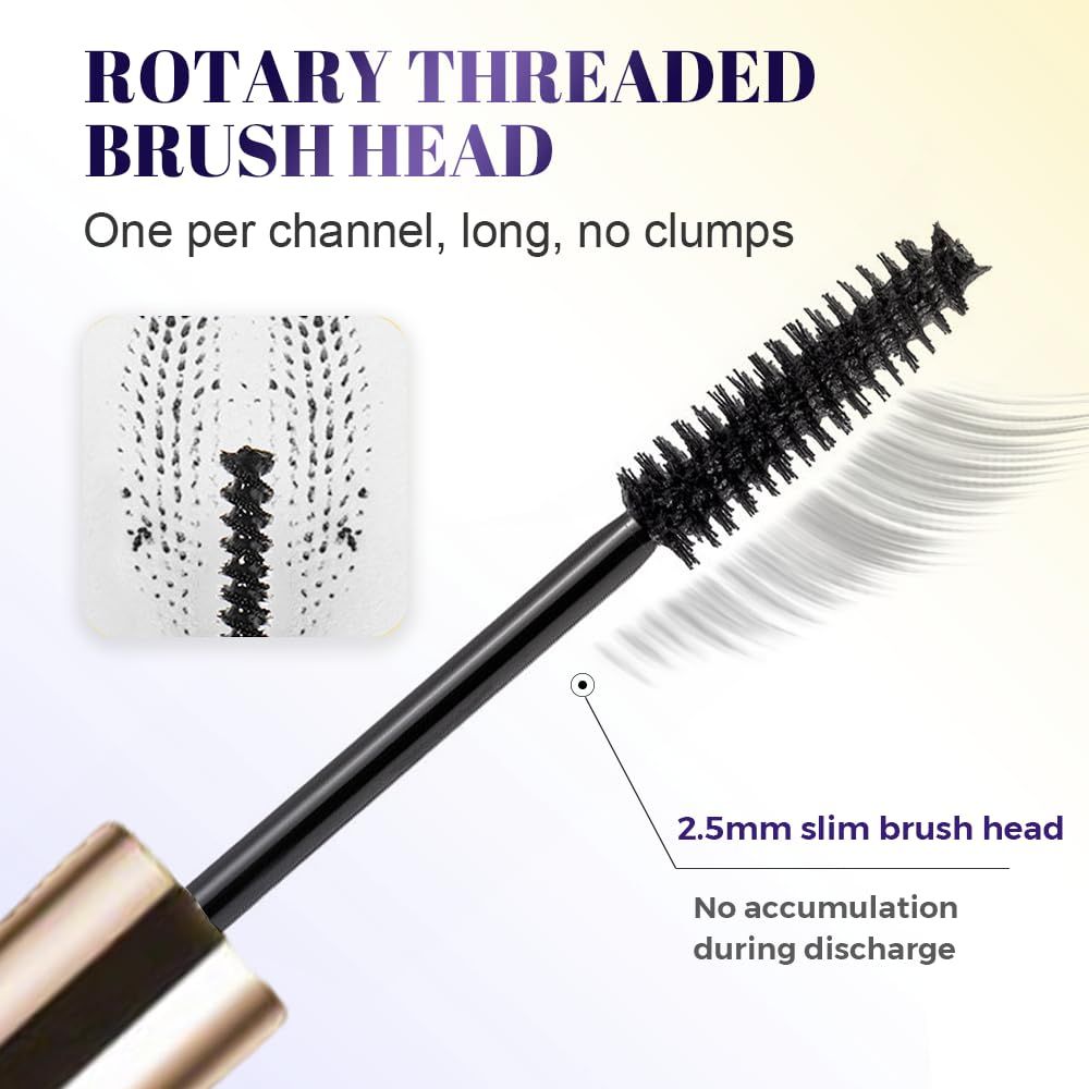 Highlights the physical design features of the mascara brush, including the rotary threaded brush head, slim 2.5mm diameter, and anti-clumping structure to…