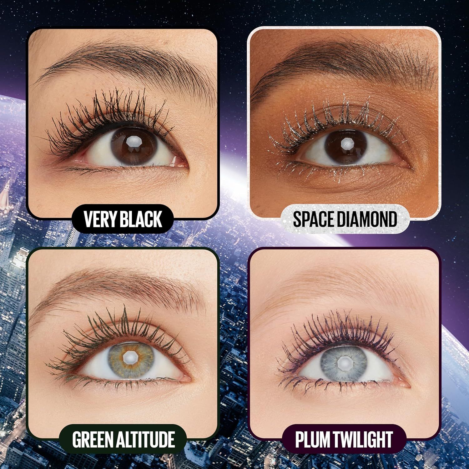Showcases the brand's mascara product line by displaying four different color/finish options (Very Black, Space Diamond, Green Altitude, Plum Twilight) to…