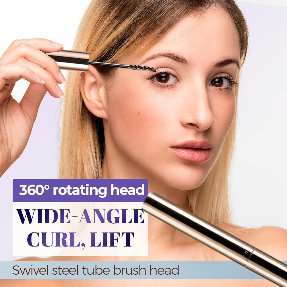 Highlights the mascara's unique 360° rotating head feature that enables wide-angle curling and lifting, demonstrating ease of application and superior lash…