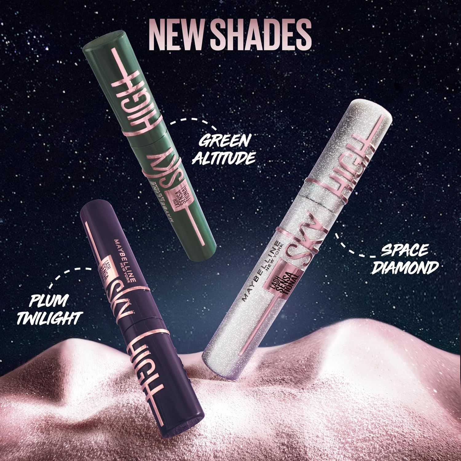 Showcases the brand's new mascara shade options (Plum Twilight, Green Altitude, Space Diamond) to help shoppers explore the product line and choose their…