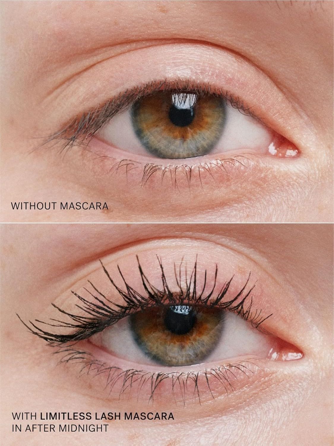 Demonstrates the dramatic transformation and volumizing effect of the mascara by showing the same eye before and after application, proving the product's effectiveness at enhancing lashes.