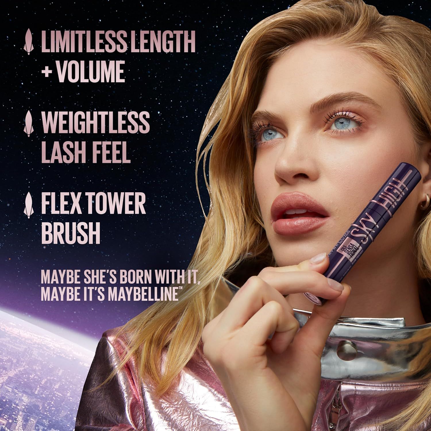Highlights three distinct product benefits (length/volume, weightless feel, and brush technology) to communicate the mascara's comprehensive performance…