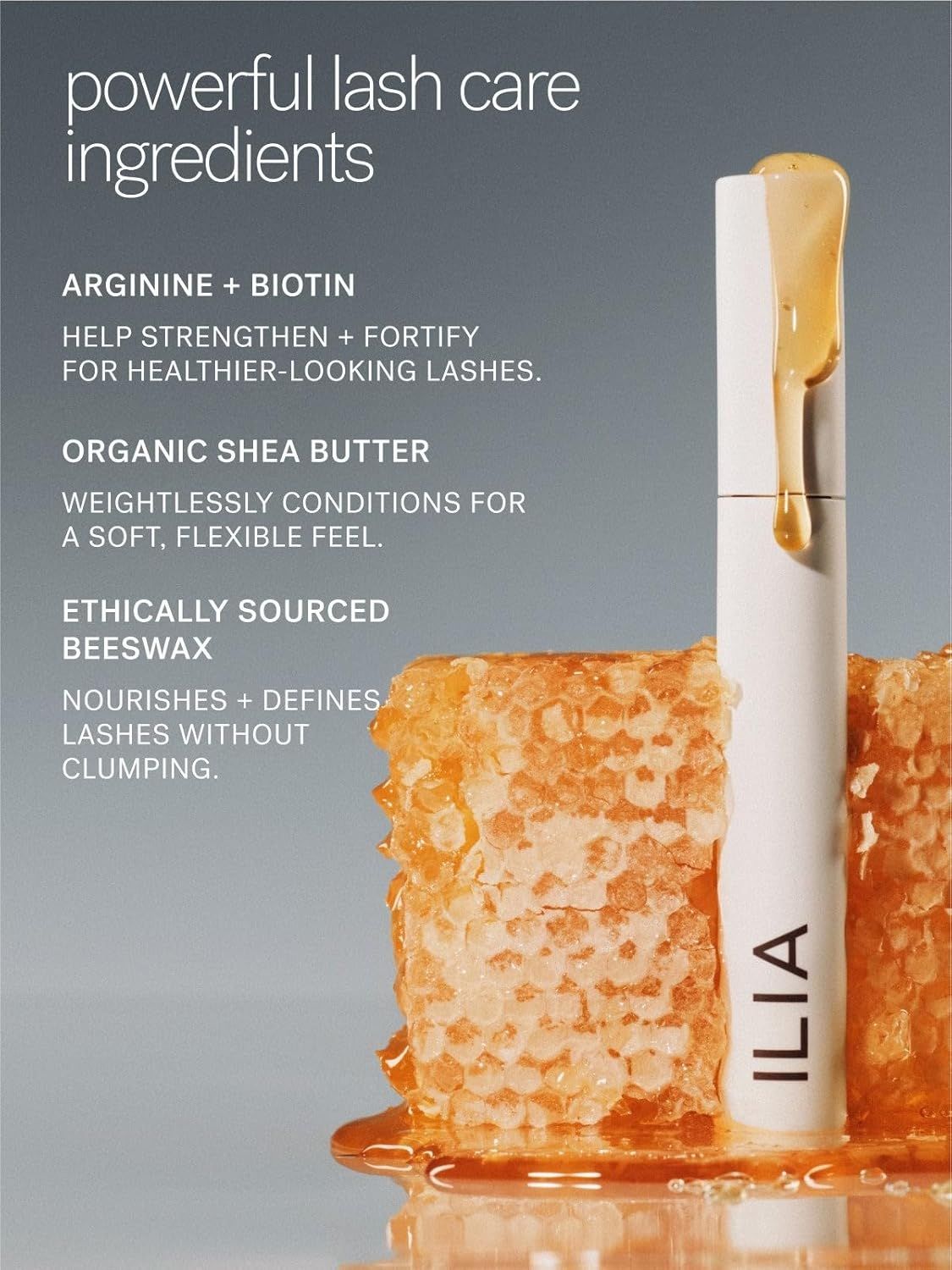 Communicates the key ingredient benefits of the lash care product, highlighting multiple powerful ingredients that strengthen, condition, and nourish lashes…