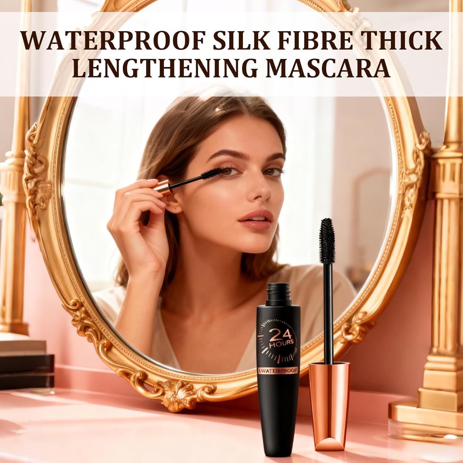 Communicates the mascara's key benefits—waterproof formula, silk fibre technology, and lengthening effect—to reassure shoppers of its performance and…