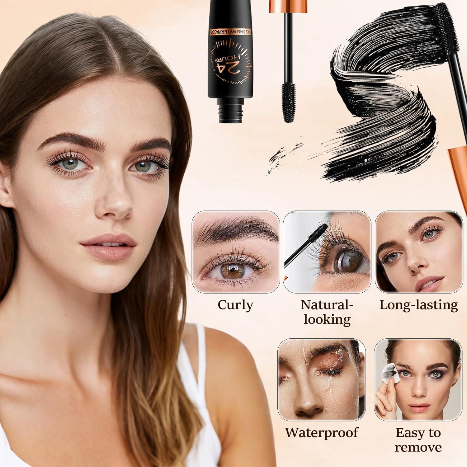 Showcases multiple distinct benefits of the mascara product in a segmented grid layout, demonstrating its versatility and key performance features to help…