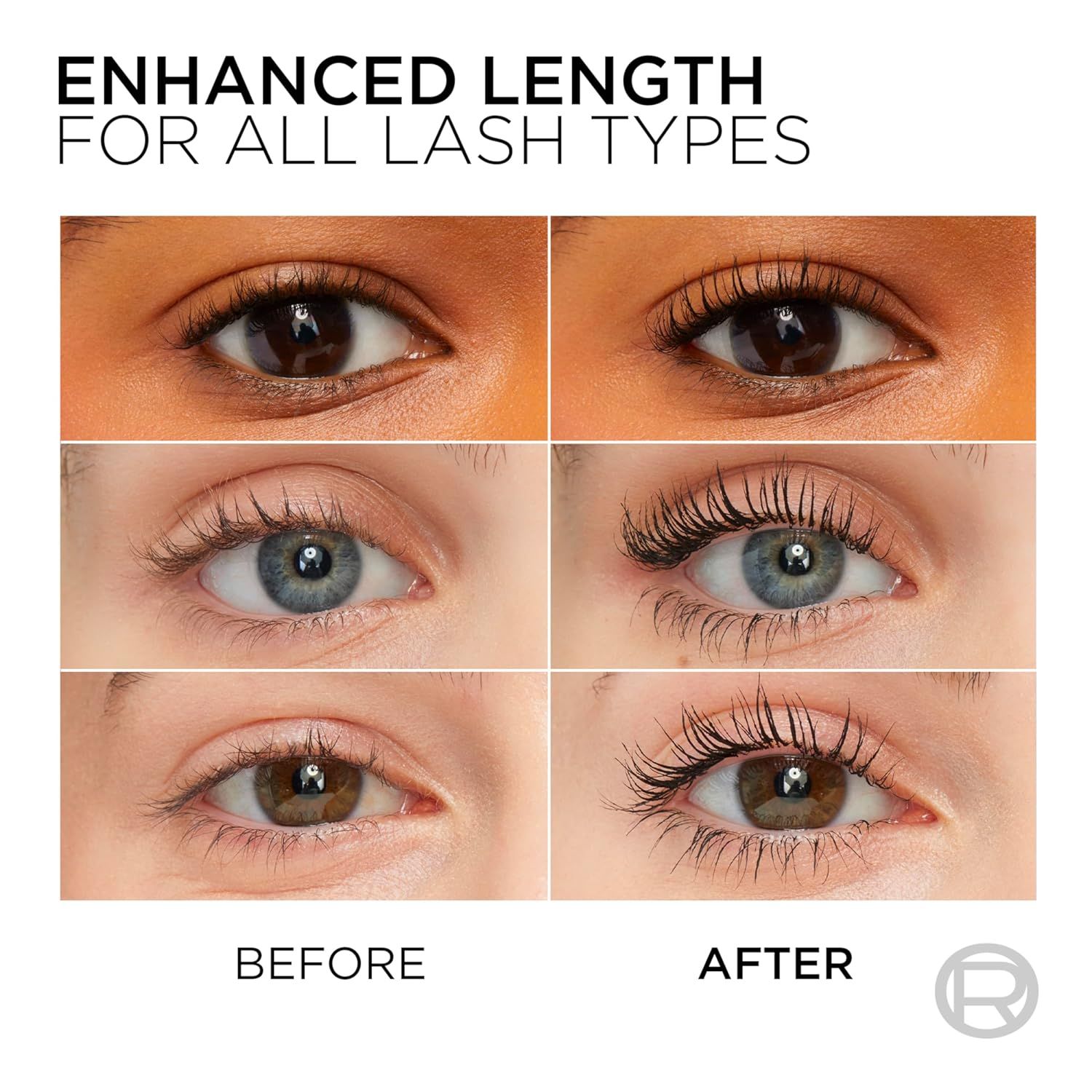 Demonstrates the visible transformation and lengthening effect the product delivers on lashes across different lash types, proving effectiveness and results to shoppers.
