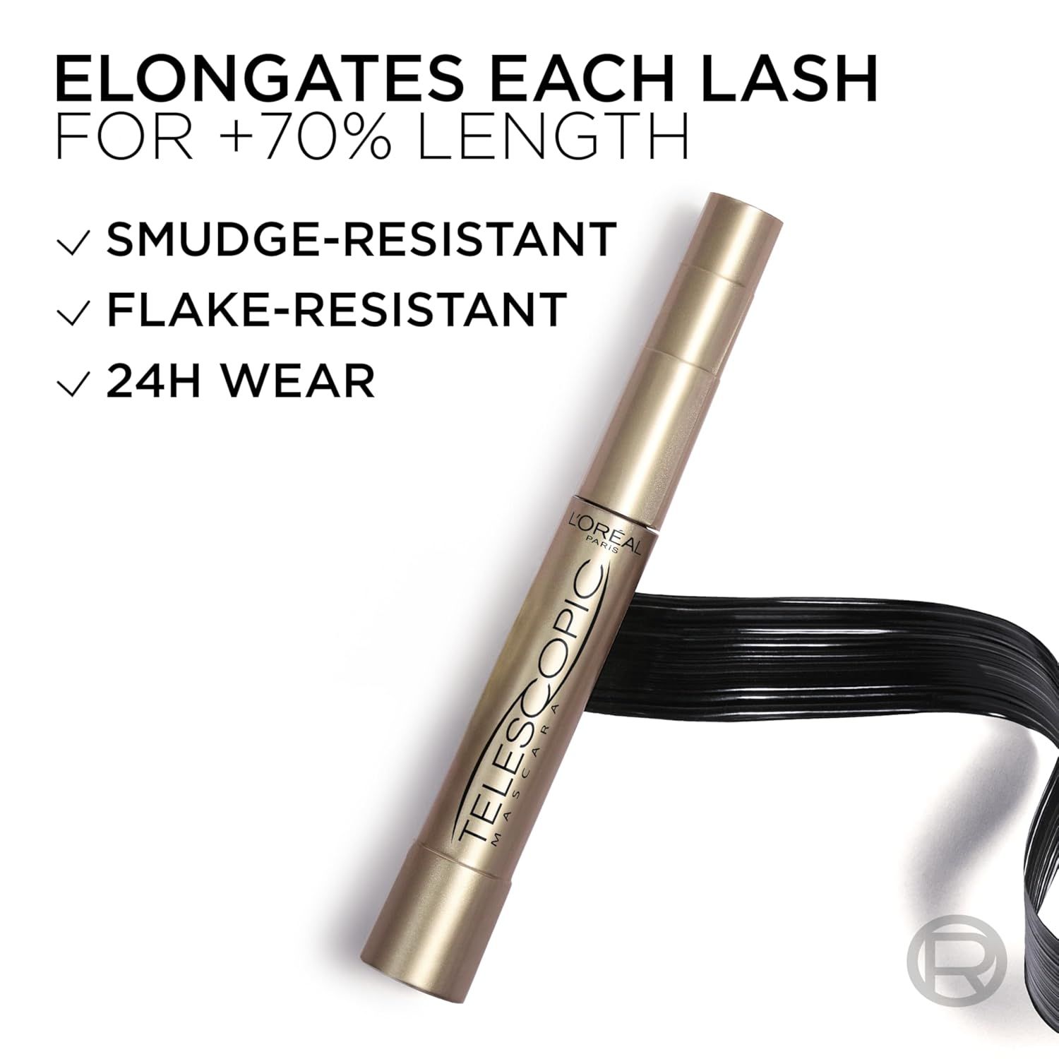 Communicates the quantifiable performance benefit of the mascara, emphasizing that it elongates lashes by 70% to attract shoppers looking for dramatic length…