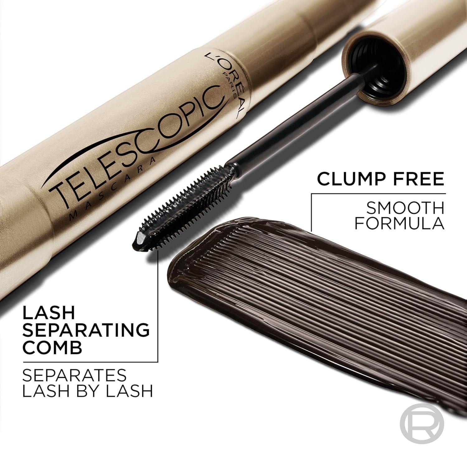 Highlights the physical components of the mascara—the lash separating comb and smooth formula—to show shoppers how the product is designed to separate lashes…