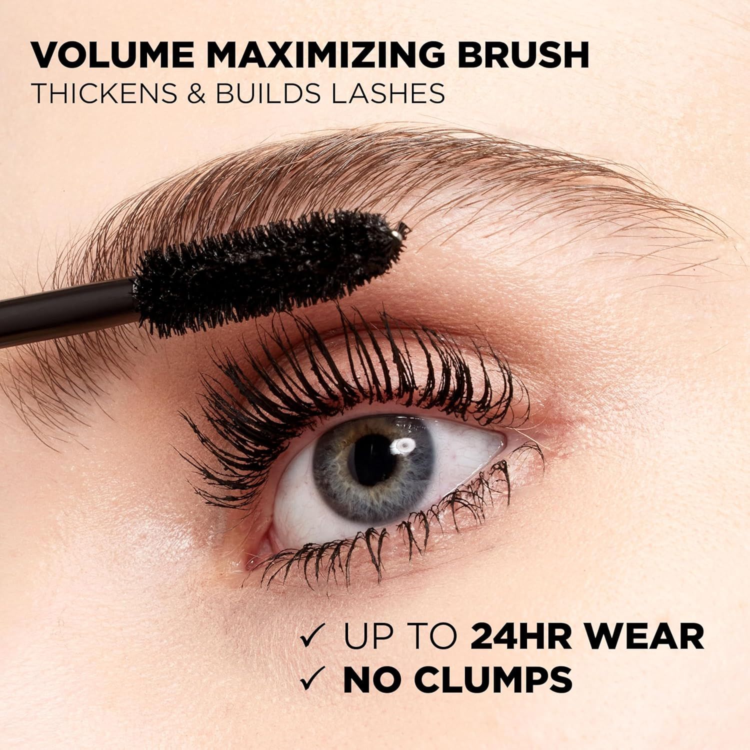 Communicates multiple key benefits of the mascara product: the volume-building brush design, long-lasting 24-hour wear, and clump-free formula to reassure…