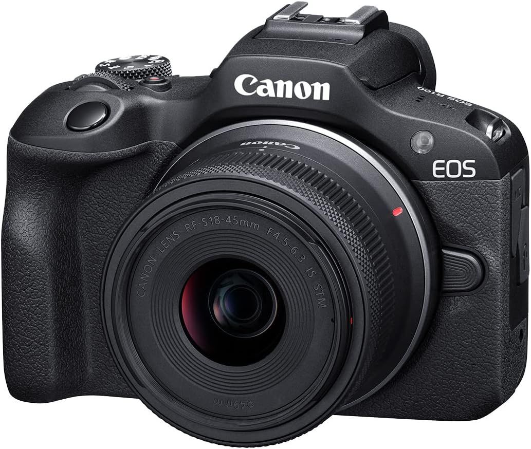 Provides a clean, catalog-style view of the Canon EOS camera with lens, allowing shoppers to see the product clearly without distractions.