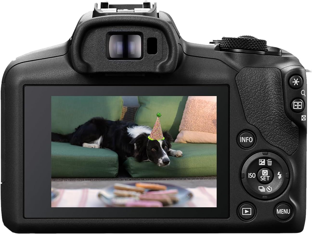 Demonstrates the camera's capability to capture lifestyle moments by showing a real photo of a dog wearing a party hat on the camera's display screen, helping…