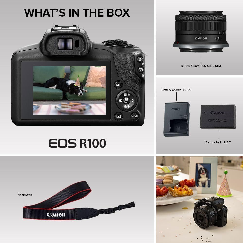 Shows the customer everything included with the Canon EOS R100 camera purchase, including the camera body, lens, battery charger, battery pack, and neck strap…