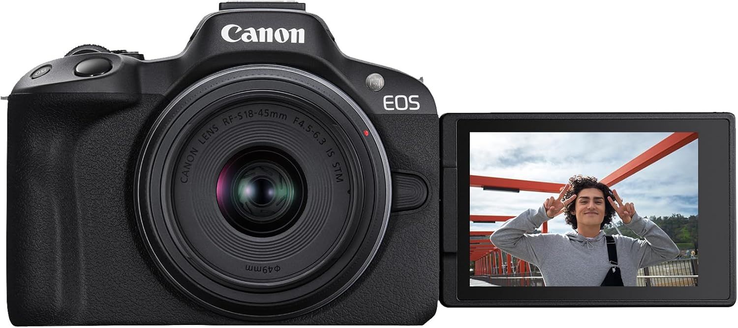 Demonstrates the camera's articulating flip-out screen feature, showing how users can see themselves while recording, ideal for vlogging and self-portraits.