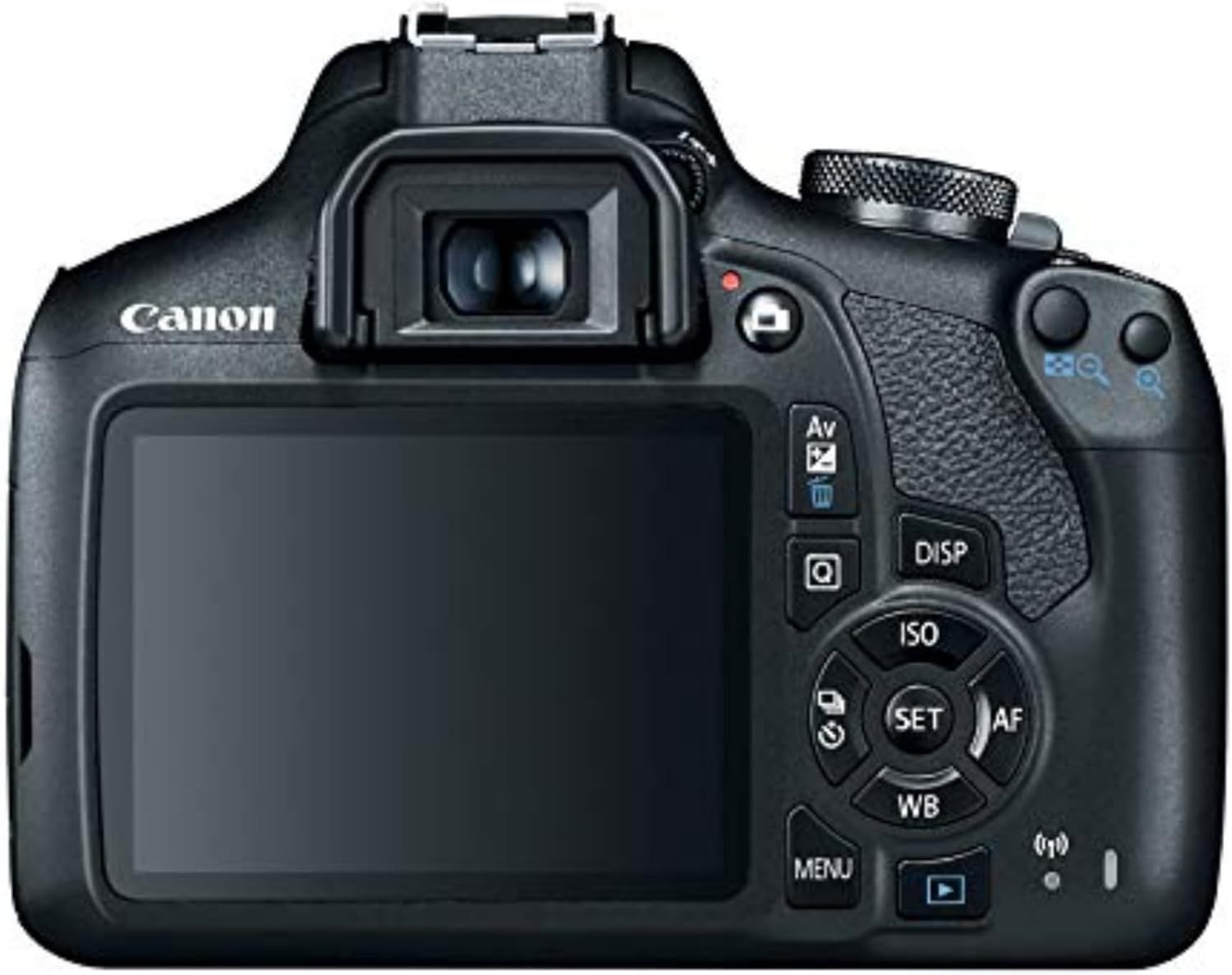 Provides a clean, catalog-style view of the Canon camera's back panel to show the product's physical appearance and controls without distractions.