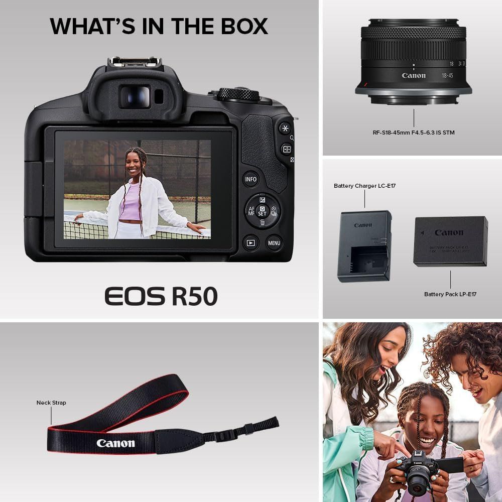 Shows all items included with the Canon EOS R50 camera purchase, including the camera body, lens, battery charger, battery pack, and neck strap, helping…