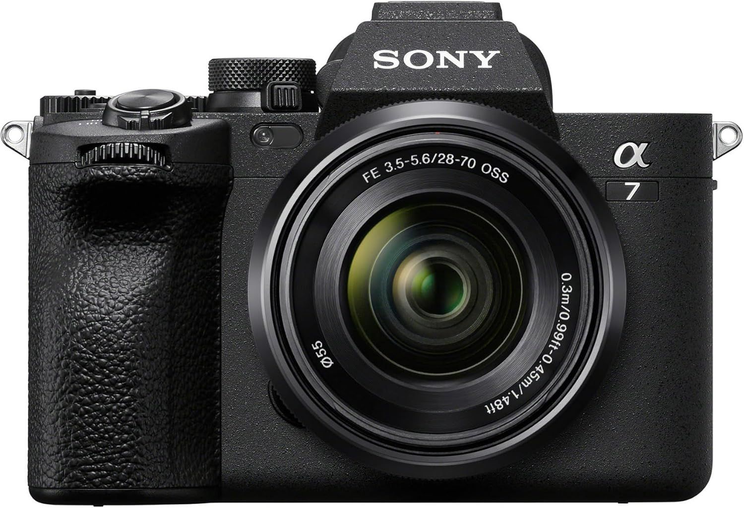 Provides a clean, catalog-style view of the Sony Alpha 7 camera with lens, allowing shoppers to see the product clearly without distractions.