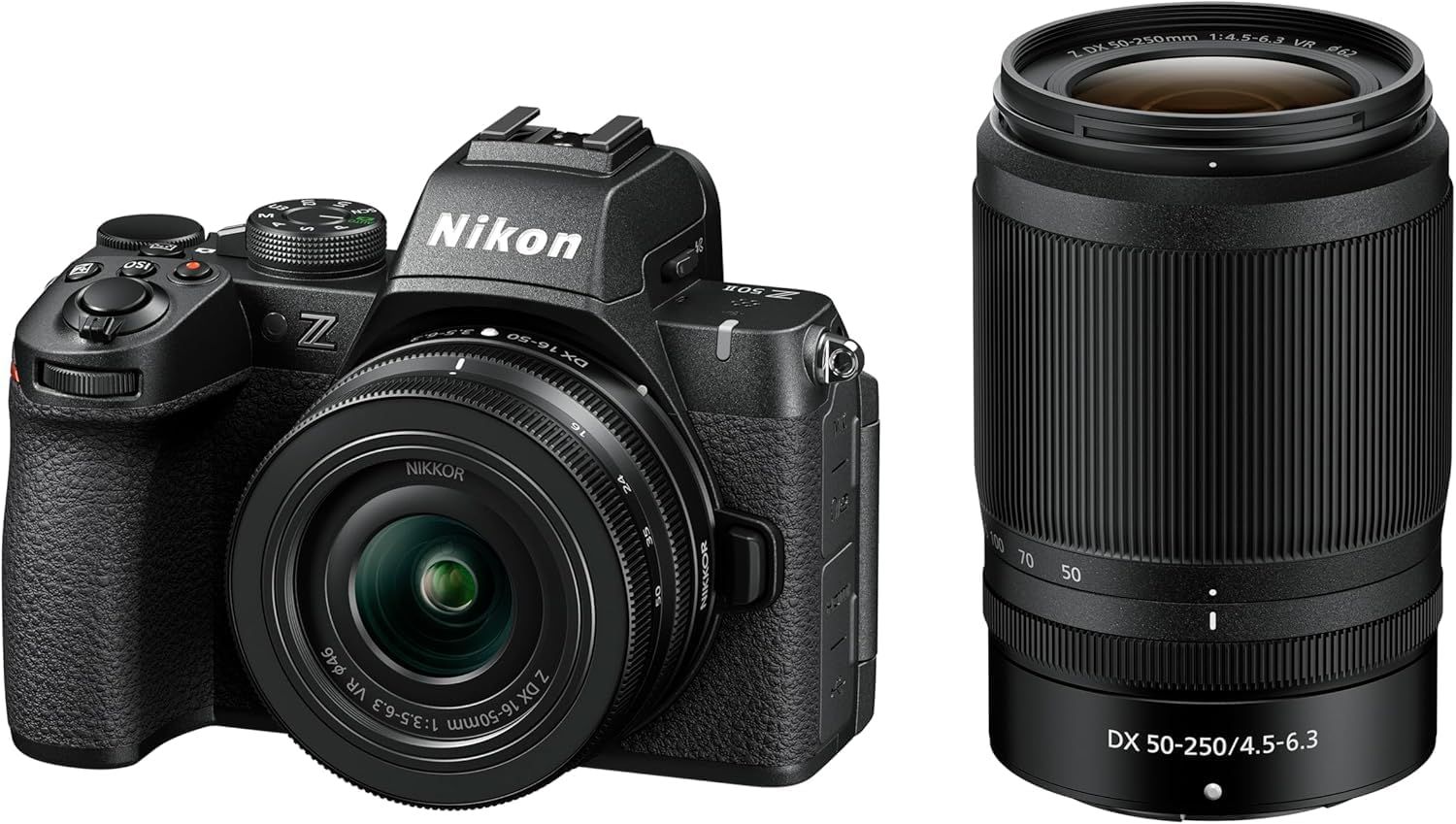 Shows the customer exactly what they receive in the kit: a Nikon Z camera body with mounted lens and an additional DX 50-250mm telephoto lens, demonstrating…