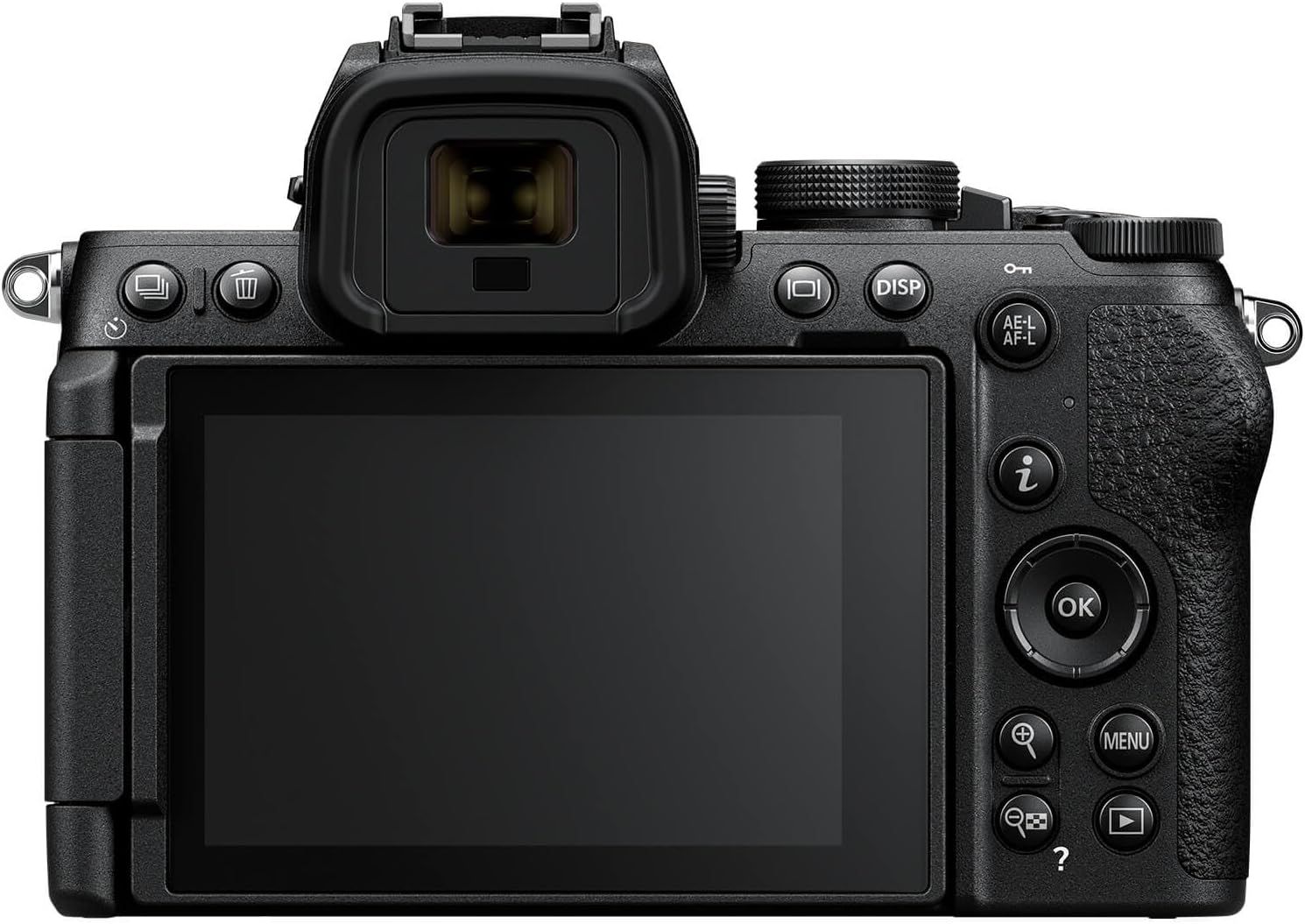 Provides a clean, catalog-style view of the camera's back panel showing the LCD screen, viewfinder, and control buttons without any distractions.