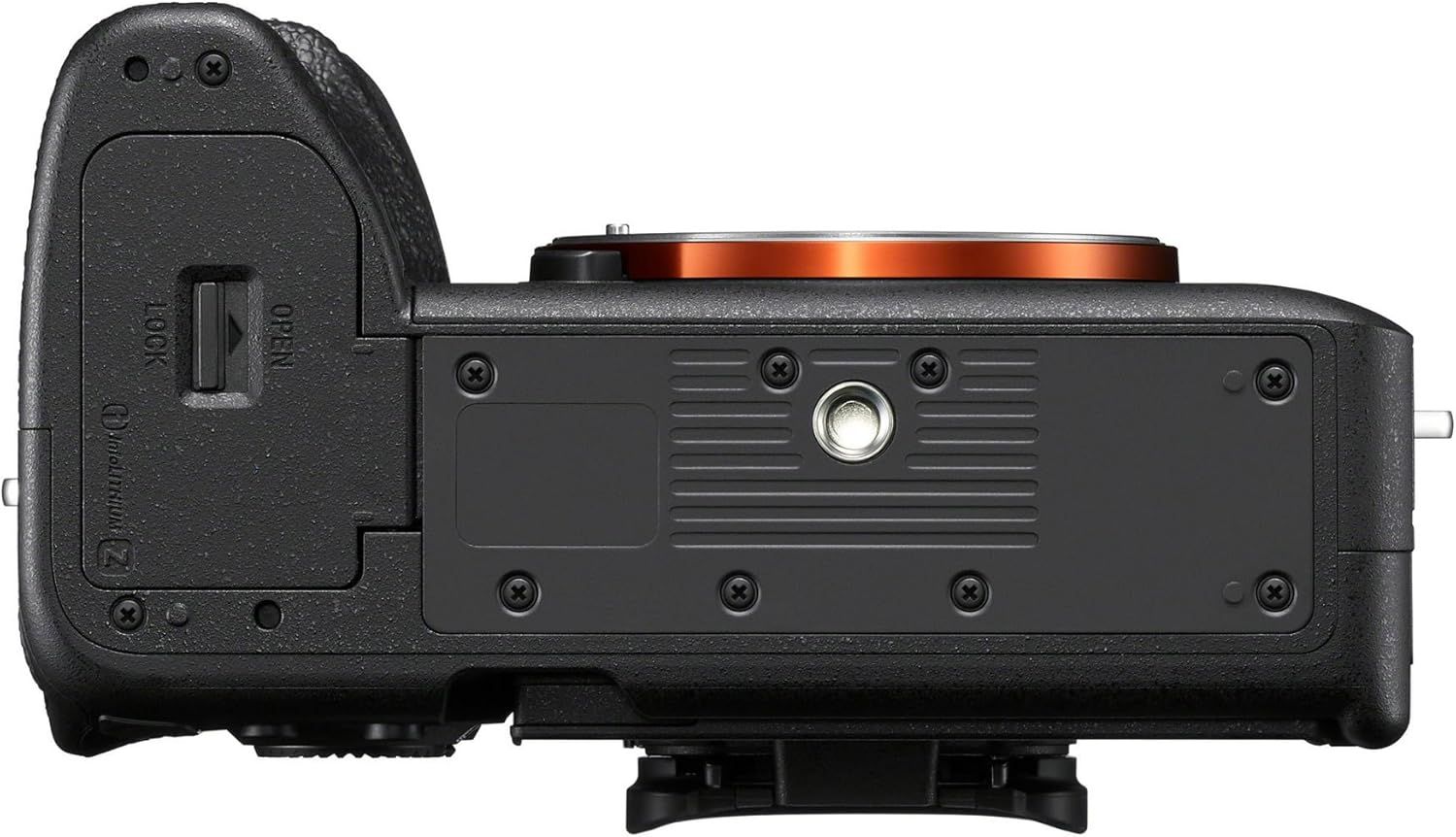 Provides a clean, catalog-style view of the camera's bottom surface showing ports, tripod mount, and battery compartment for shoppers to understand the product's physical design and connectivity…