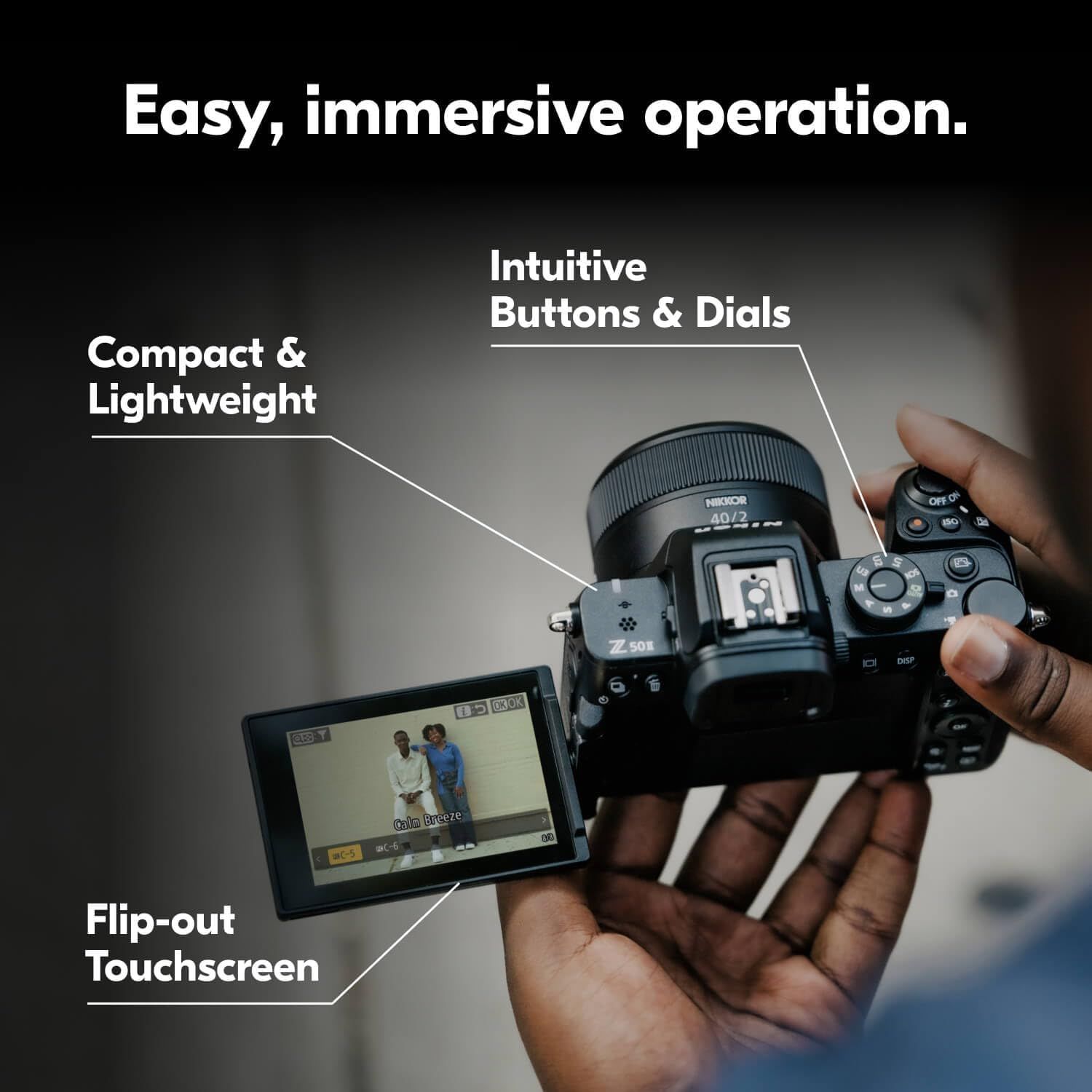 Highlights the camera's key physical features and design elements to communicate ease of use, portability, and user-friendly operation. Showcases multiple…