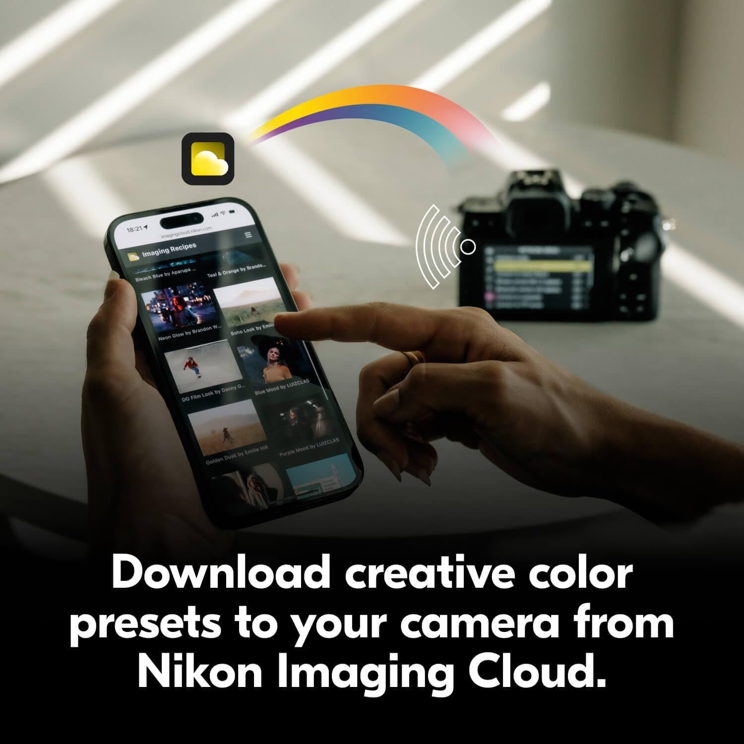 Demonstrates how to download creative color presets from the Nikon Imaging Cloud app to a camera wirelessly, showing the ease of transferring settings.…