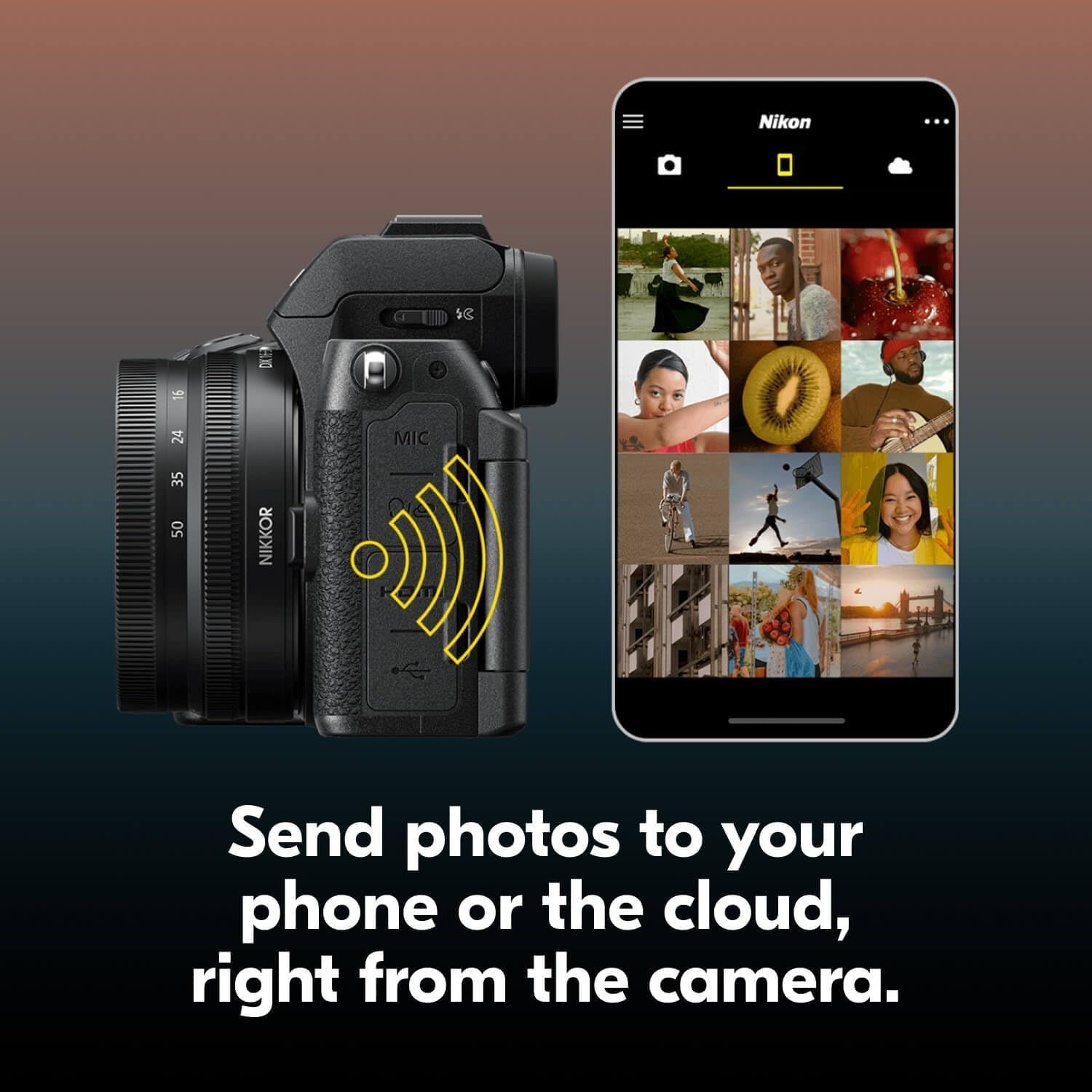Demonstrates the camera's wireless connectivity feature that allows users to instantly transfer photos from the camera to their phone or cloud storage,…