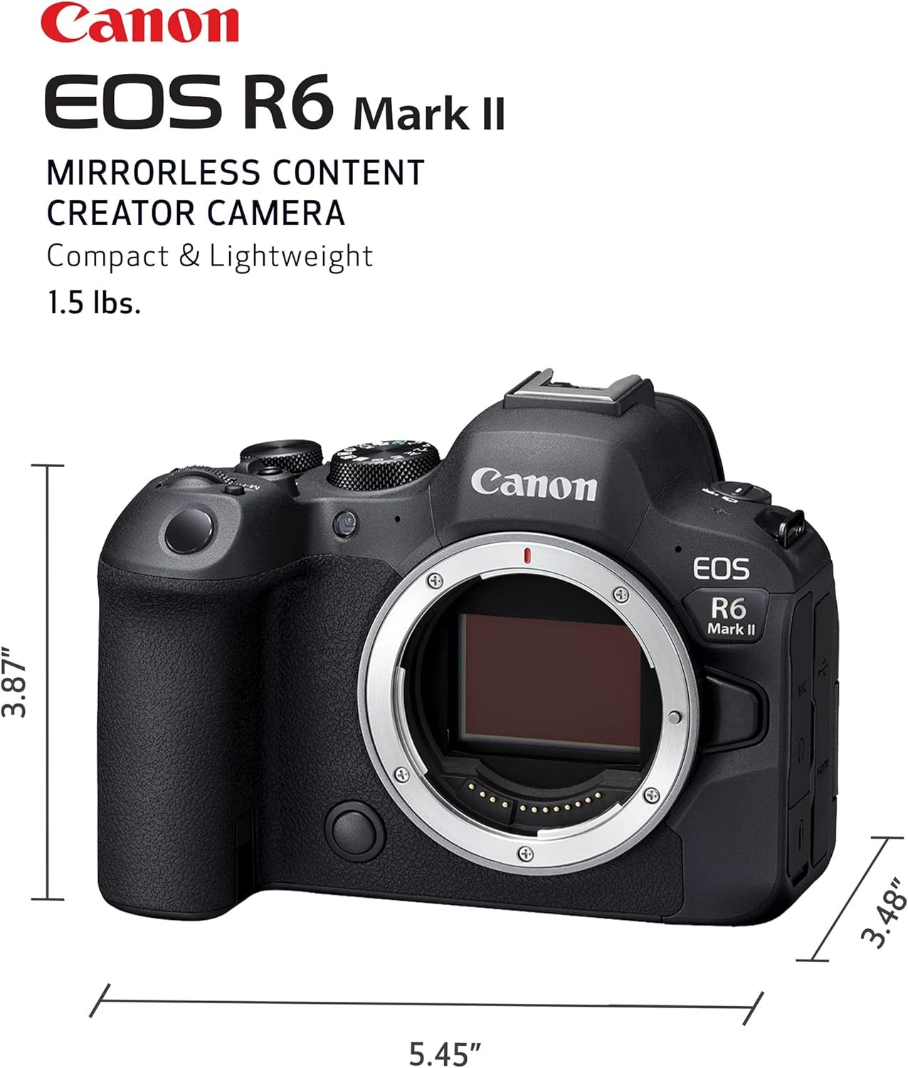Communicates the compact physical size and lightweight nature of the camera (1.5 lbs, 5.45" x 3.87" x 3.48") to reassure shoppers about portability and ease…