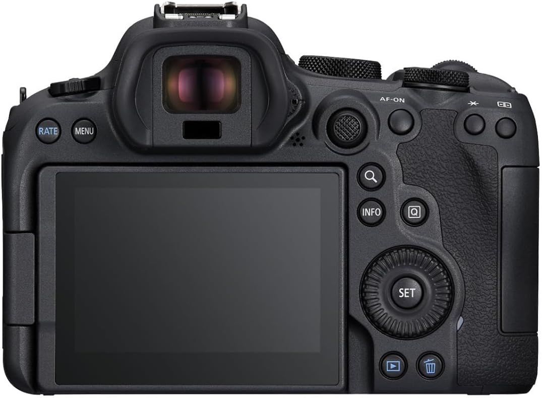 Displays the camera body from the back view on a clean white background to show the product's physical appearance, controls, and screen layout without…
