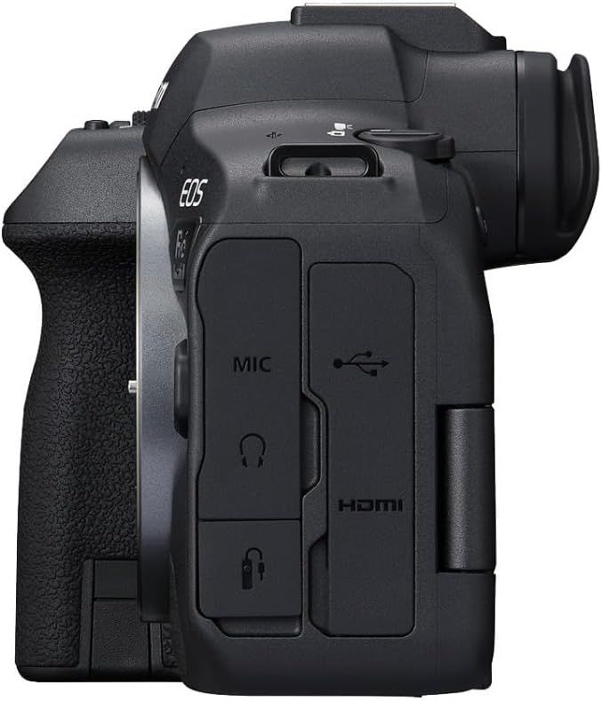 Shows the side view of the camera with labeled ports (MIC, USB, headphone, HDMI) to help shoppers understand the connectivity options and physical interface…