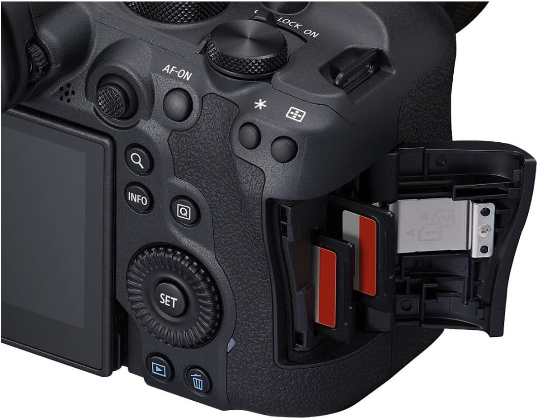 Shows the physical layout of the camera's back panel, highlighting the dual memory card slots and various control buttons to help shoppers understand the…