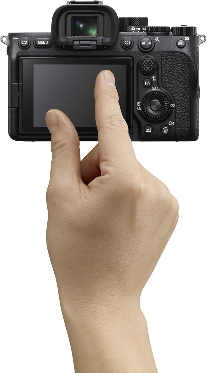 Demonstrates the camera's intuitive touchscreen functionality, showing how users can easily interact with the display for navigation and control.