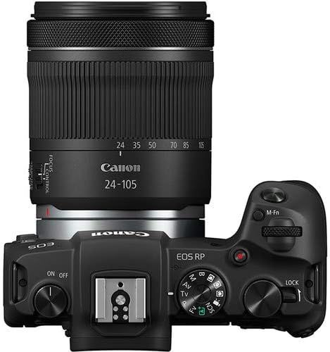 Provides a clean, catalog-style view of the Canon EOS RP camera with 24-105mm lens from a top-down perspective, allowing shoppers to see the product's…