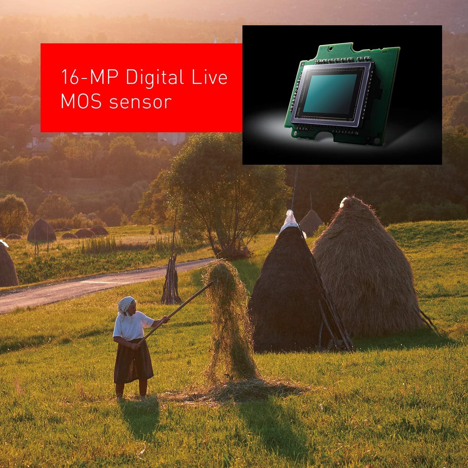 Highlights the camera's high-resolution 16-megapixel sensor technology to communicate superior image quality and professional-grade photography capability.