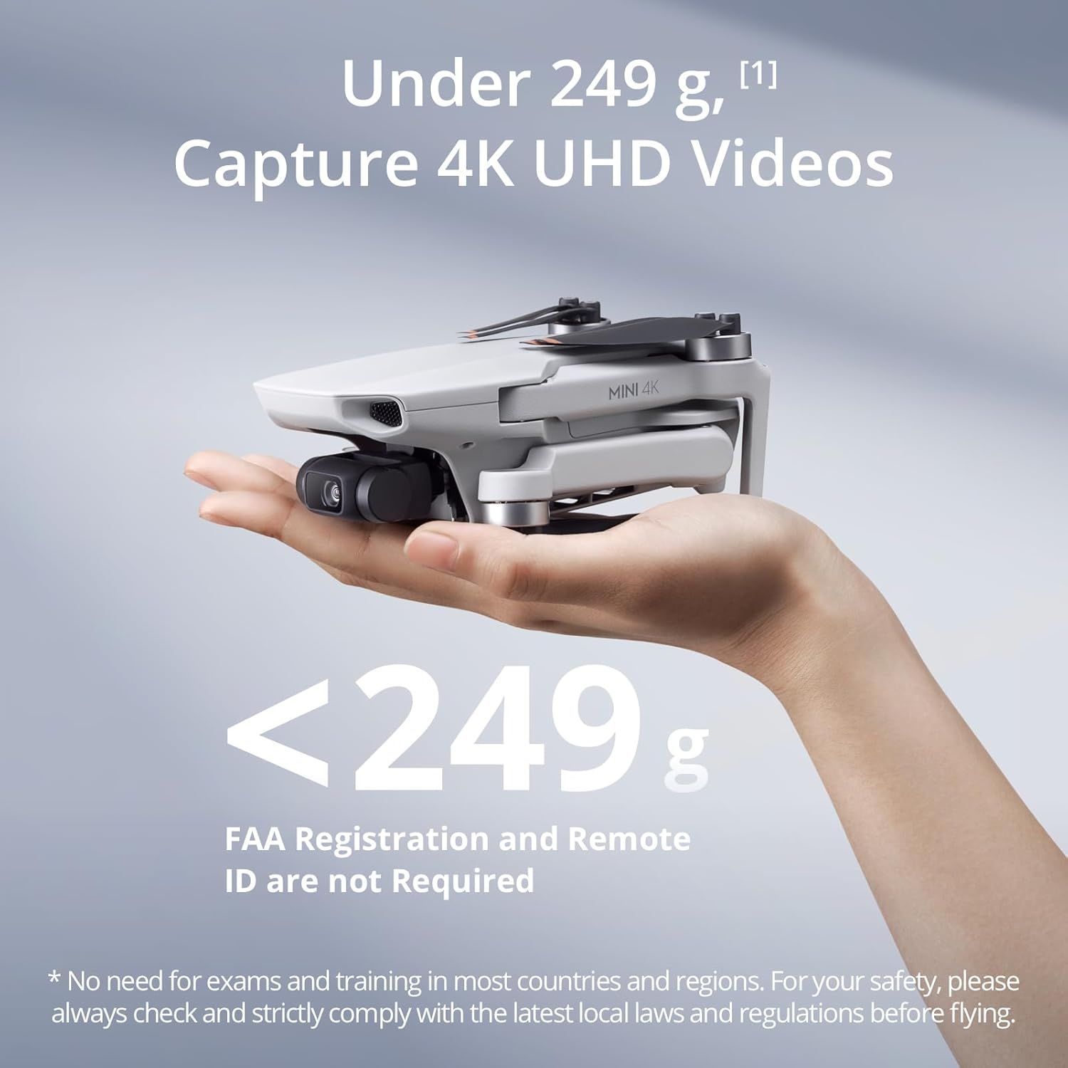 Communicates the drone's ultra-light weight to reassure shoppers that it does not require FAA registration or remote ID, making it easier and more convenient…