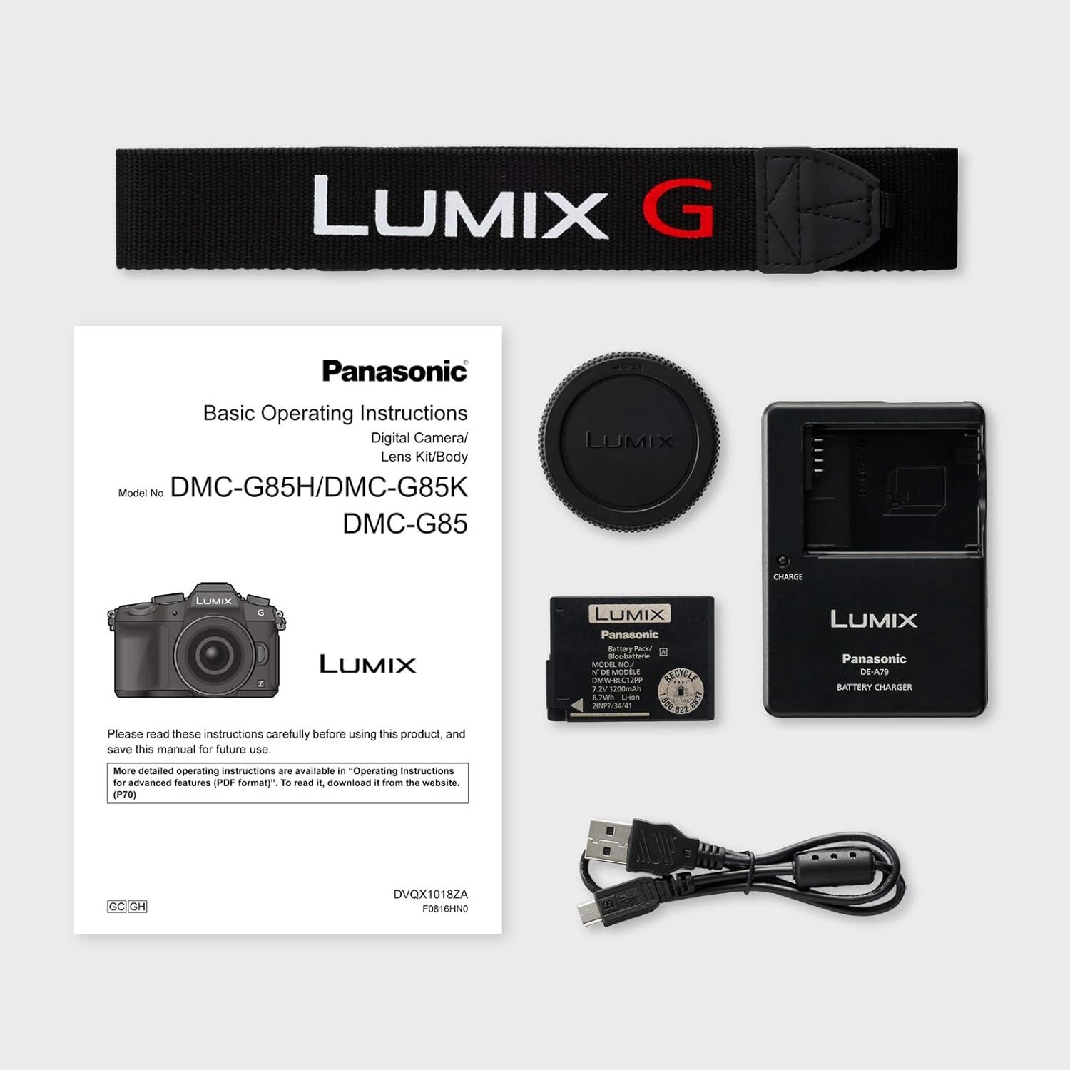 Shows all items included with the Panasonic Lumix G85 camera purchase, including the camera strap, instruction manual, lens cap, battery, charger, and USB cable, to set clear expectations for what…