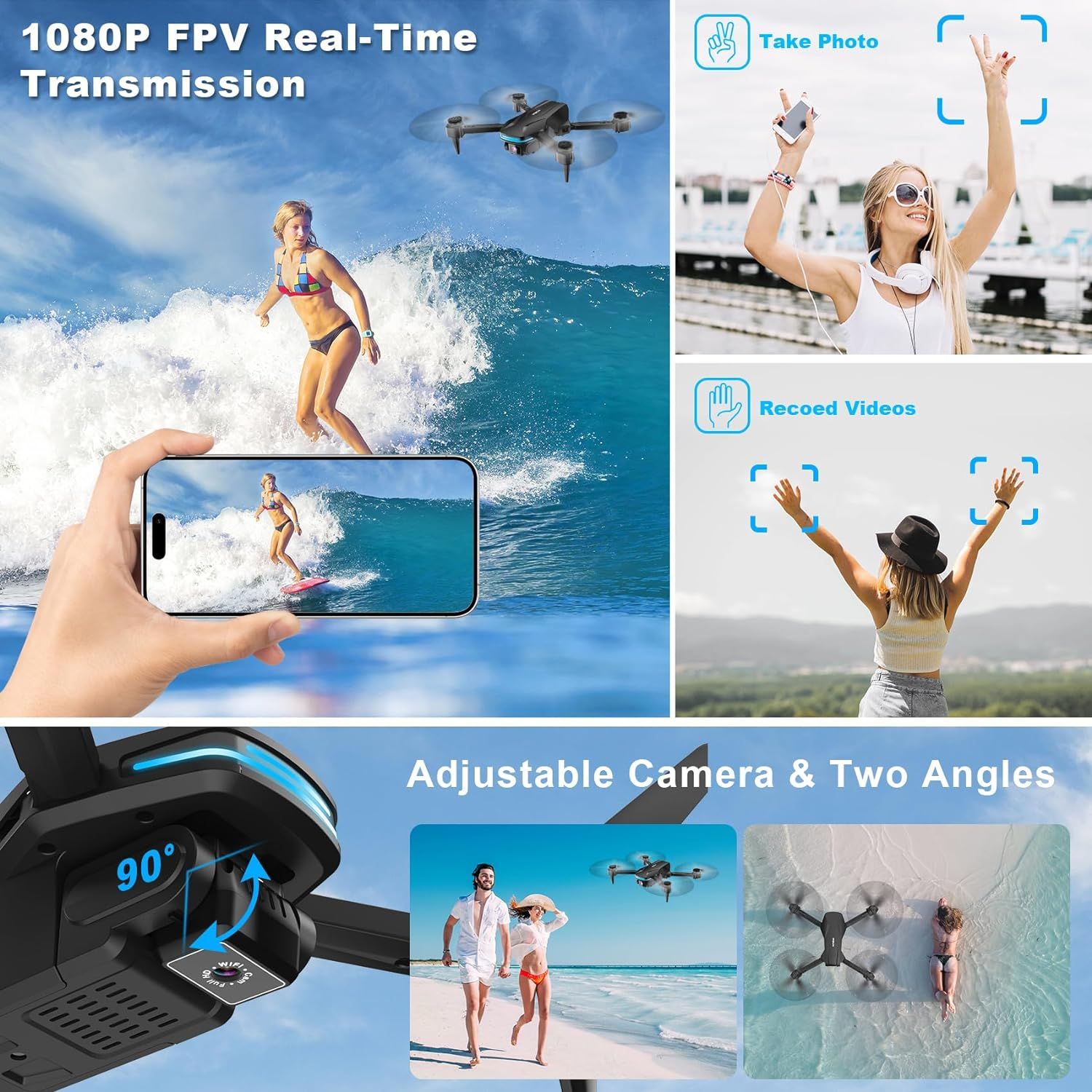 Showcases multiple key features of the drone including real-time video transmission, gesture-controlled photography and video recording, and adjustable camera angles to demonstrate the product's…