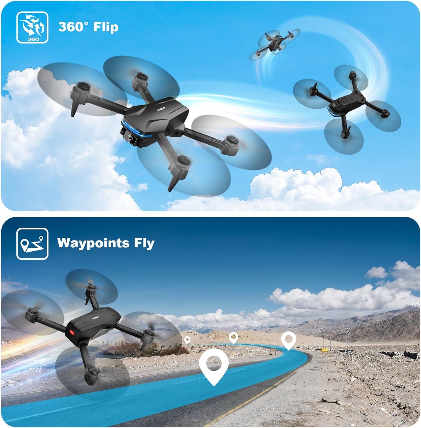 Showcases two distinct advanced flight capabilities of the drone—360° flip maneuverability and waypoints autonomous flight—to demonstrate the product's versatility and smart features.