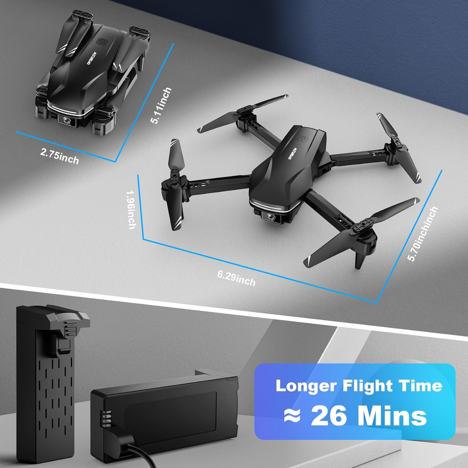 Shows the physical dimensions of the drone in both folded and unfolded states to help shoppers understand its portability and storage size. Highlights the drone's impressive 26-minute flight time…