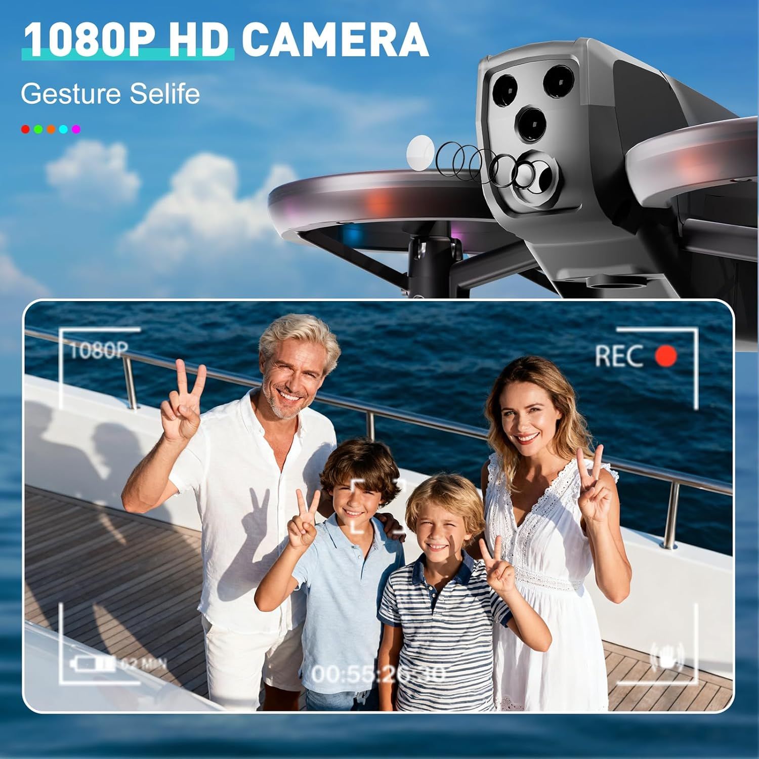 Highlights the drone's 1080P HD camera capability and gesture selfie feature to show shoppers they can capture high-quality family moments hands-free.