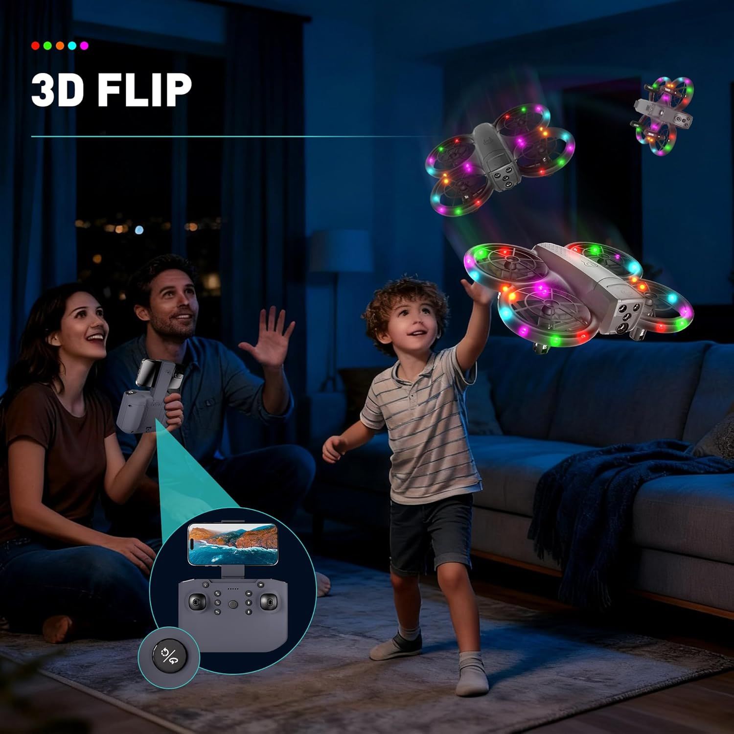 Demonstrates the drone's ability to perform 3D flips, highlighting the fun and entertainment value for families and children.