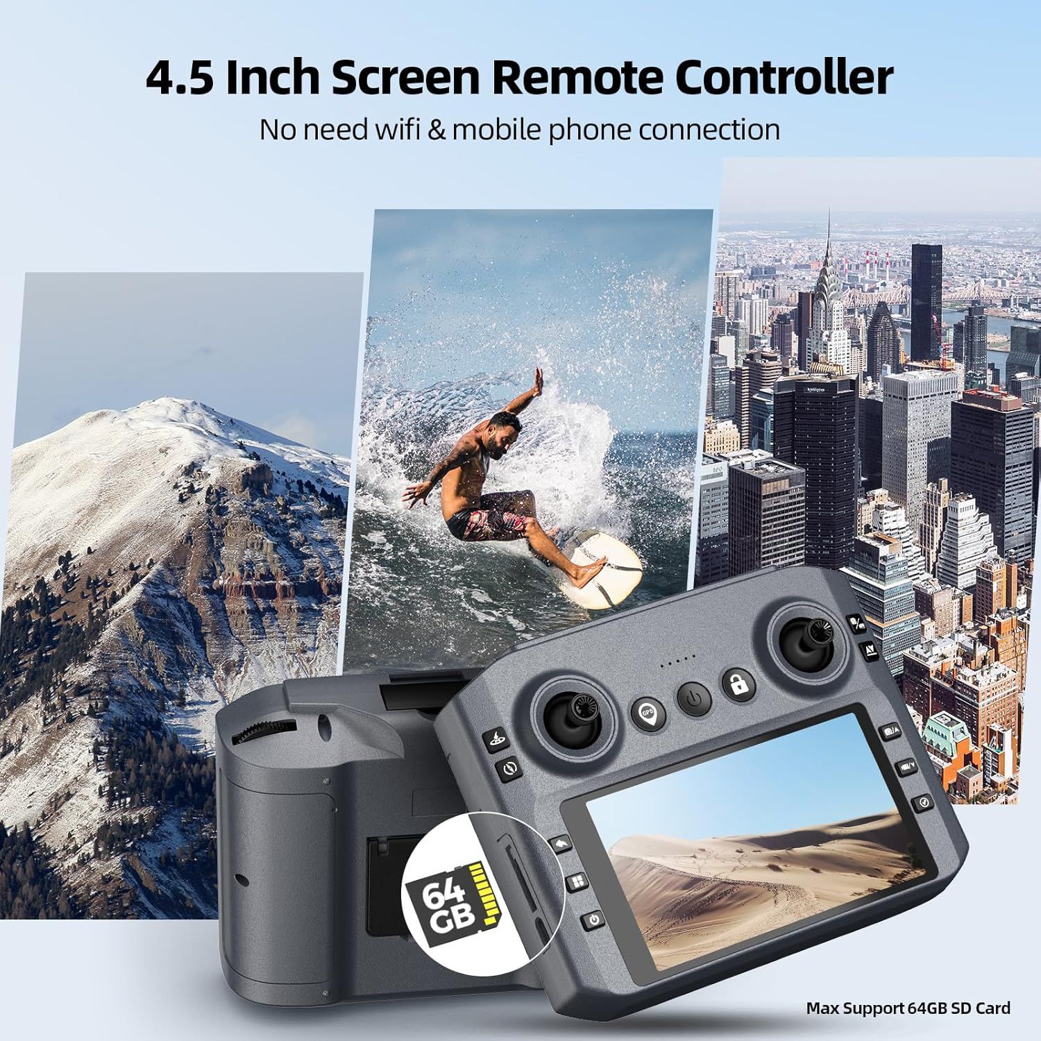 Demonstrates the versatility of the remote controller by showing it can be used across diverse environments and activities—mountain landscapes, water sports, and urban aerial photography. Highlights…