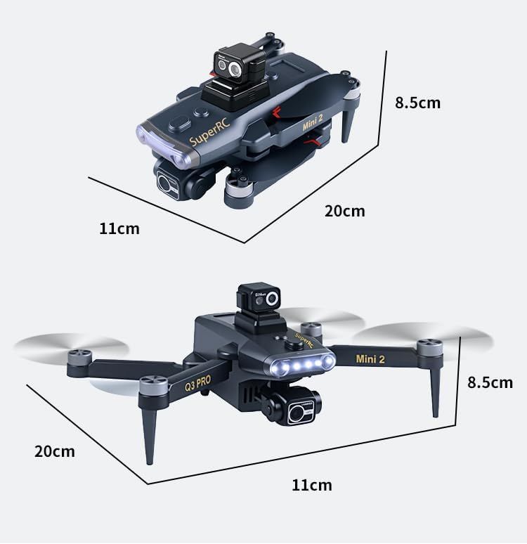 Shows the exact physical dimensions of the drone in both folded and unfolded configurations to help shoppers understand its compact, portable size.