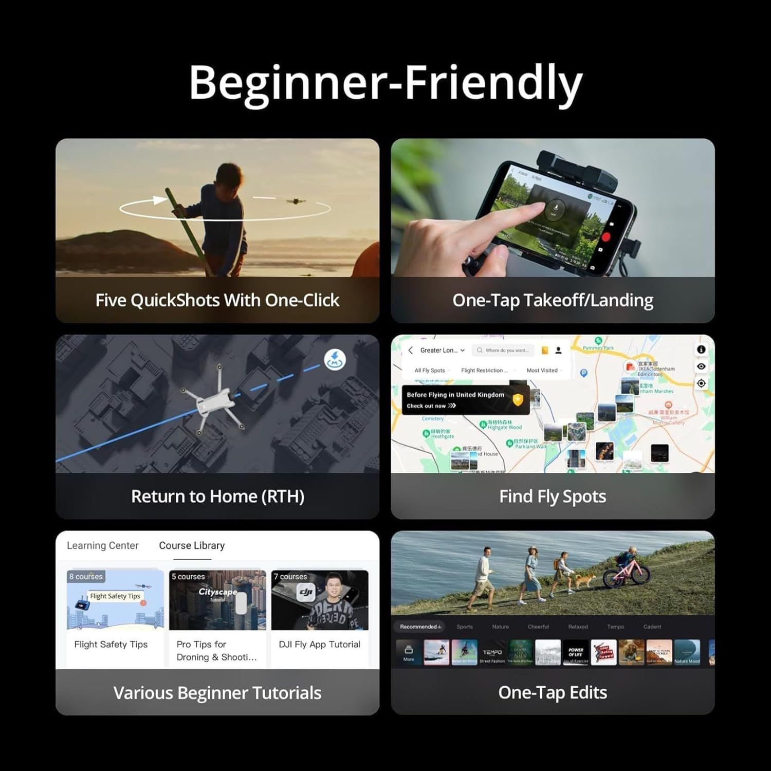 Communicates that the drone product is beginner-friendly by showcasing six distinct ease-of-use features in a segmented grid layout, reassuring new users that the product is accessible and simple to…
