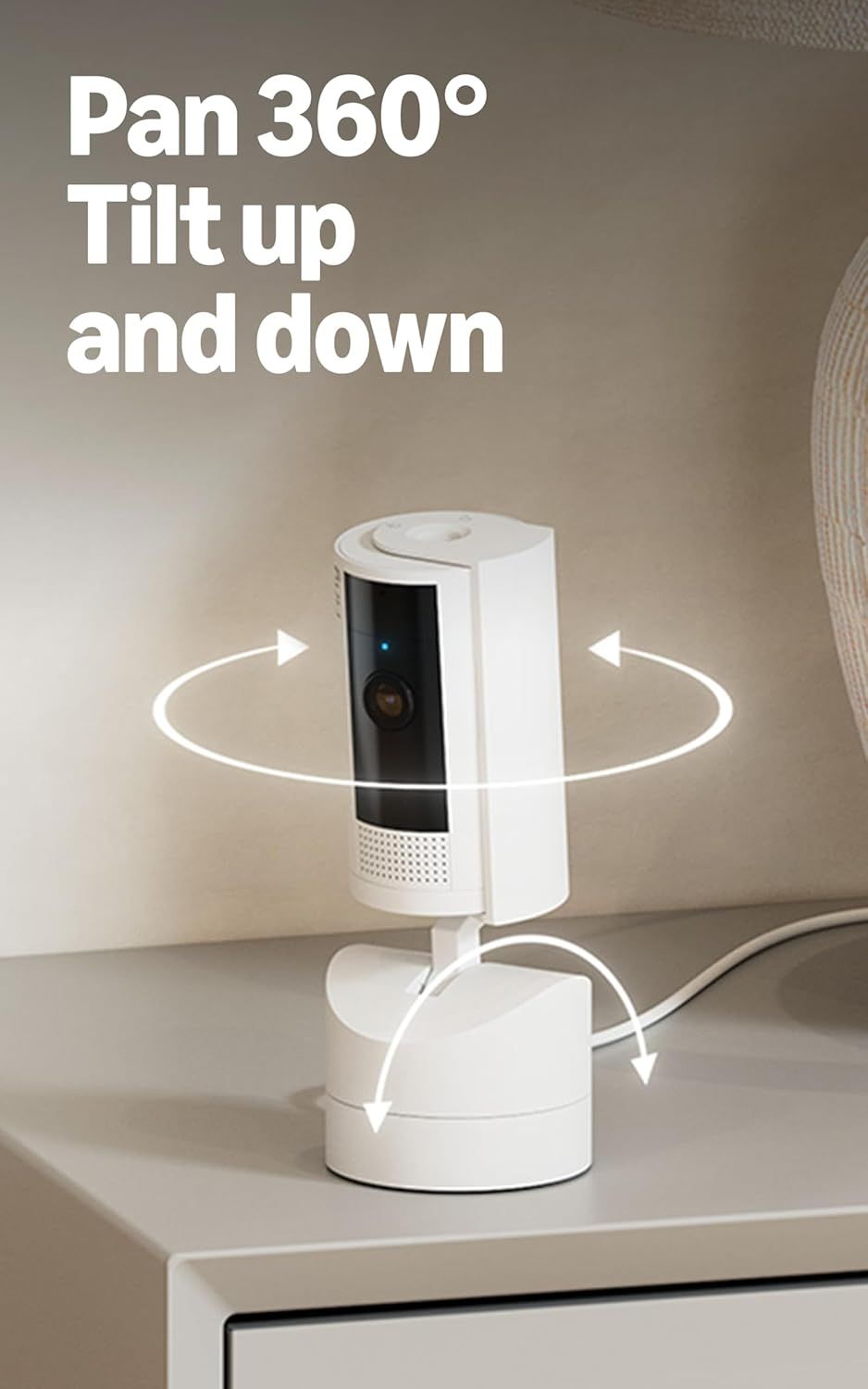 Demonstrates the camera's flexible movement capabilities, reassuring shoppers that the device can provide complete room coverage with full pan and tilt…