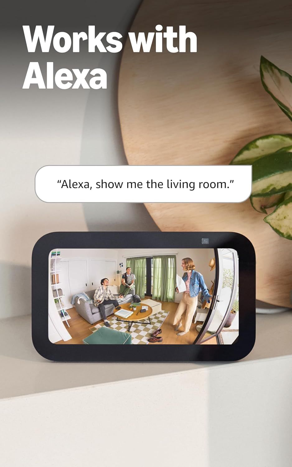 Demonstrates that the product is compatible with Alexa voice assistant and can be used for smart home control, specifically showing how users can view camera…