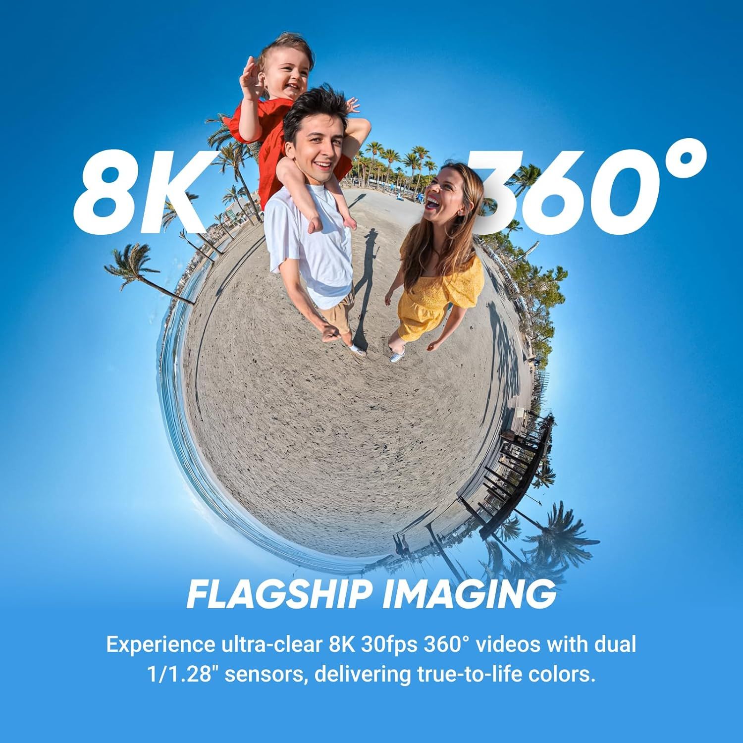 Highlights the camera's flagship imaging capabilities with quantifiable performance specs (8K, 360°, 30fps, dual sensors) to communicate superior video…