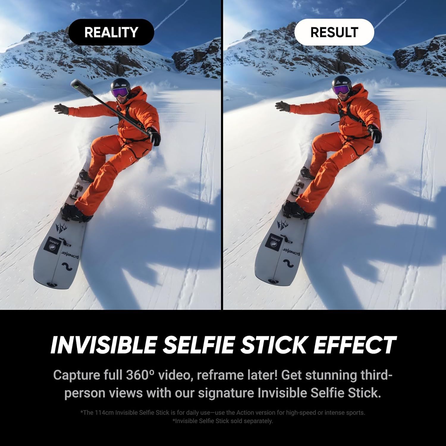 Demonstrates the product's ability to capture 360° video and remove the selfie stick from the final image, creating a seamless third-person perspective for action shots.