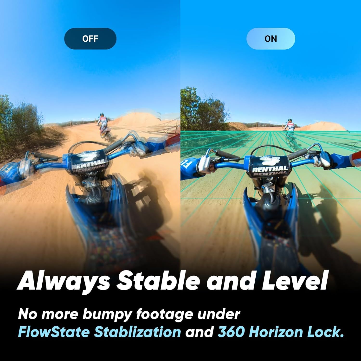 Demonstrates the product's superior video stabilization technology by showing a side-by-side comparison of footage with the feature OFF versus ON, proving the…