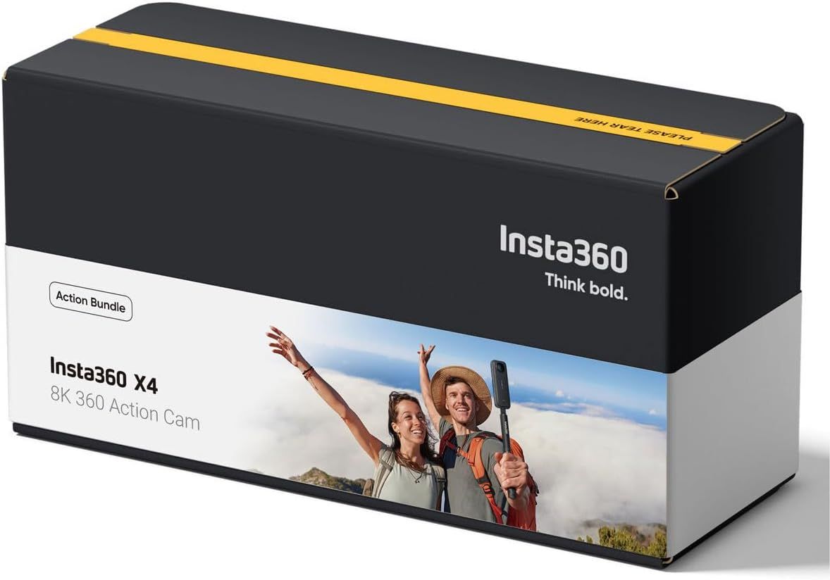 Showcases the Insta360 brand identity and product packaging for the X4 Action Bundle, reinforcing brand recognition and positioning the product as…